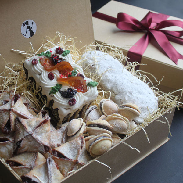 Prestige Patisserie large Christmas gift box with mince pies, stollen, walnut cookies, and Christmas cake.